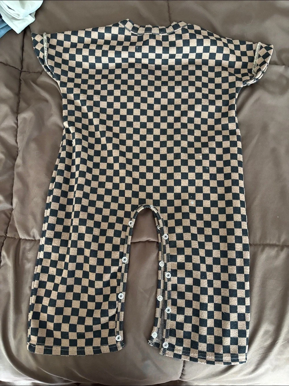 Checkerboard Short-Sleeve Baby One-Piece in Brown and Black